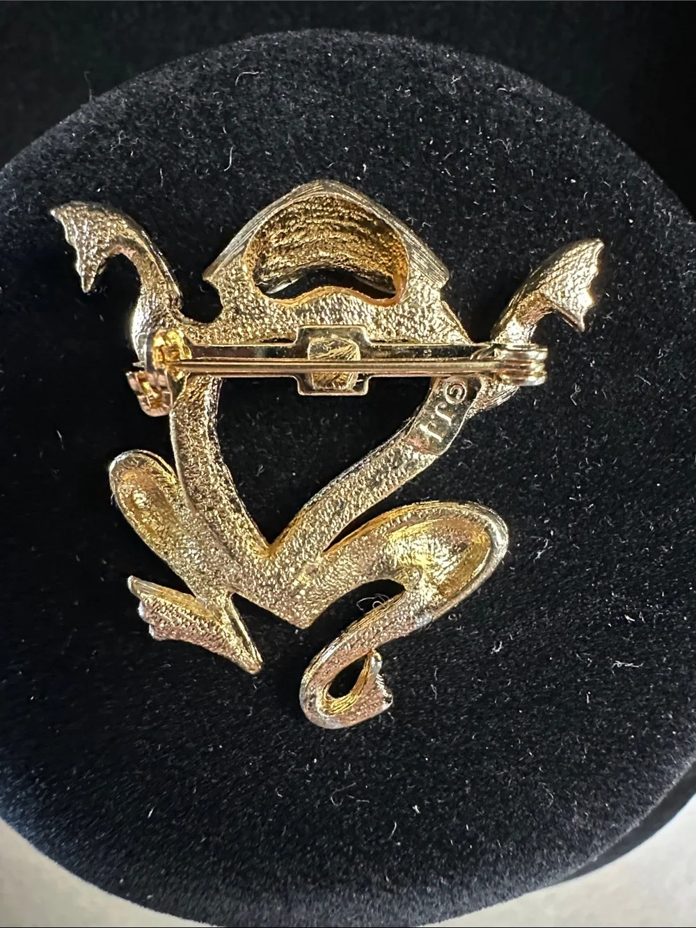 Vintage JJ Gold-Tone Frog Brooch With Red Rhinestone Eyes
